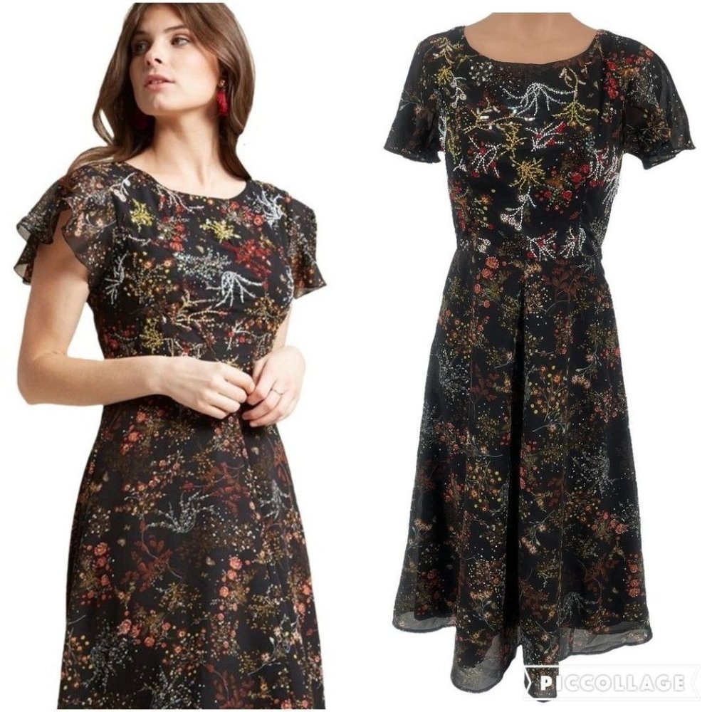 NWT ModCloth Embellished to Perfection Beaded Sequin Dress S Black Floral A Line